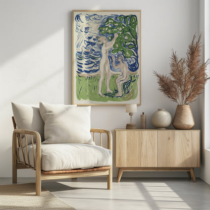 An expressionist woodcut print depicting two nude figures in a stylized natural setting. One figure stands, reaching up into a large green tree with fruit, while the other kneels on the ground. The background consists of a body of water with bold, blue, wavy lines. The artwork uses a limited color palette of blue, green, and pale flesh tones on a cream background. Wall Art