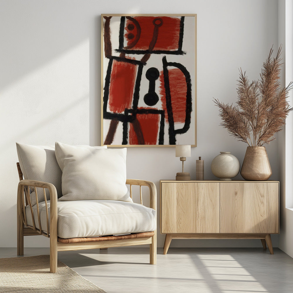 An abstract painting featuring bold, rough black lines that divide a white canvas into sections. Several large sections are filled with a vibrant, textured red paint. In the center is a distinct black dumbbell-like shape. Thinner brown lines cross through the composition, adding another layer to the dynamic, constructivist-style artwork. Print