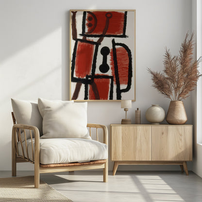 An abstract painting featuring bold, rough black lines that divide a white canvas into sections. Several large sections are filled with a vibrant, textured red paint. In the center is a distinct black dumbbell-like shape. Thinner brown lines cross through the composition, adding another layer to the dynamic, constructivist-style artwork. Print