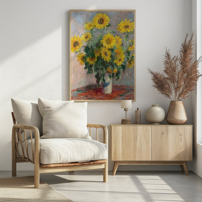 An Impressionist painting by Claude Monet titled 'Bouquet of Sunflowers'. The artwork features a vibrant bouquet of yellow sunflowers in a white and blue patterned vase, set upon a red tablecloth against a muted, textured blue-grey background. The piece is characterized by thick, visible brushstrokes and is displayed in a simple black frame. Poster