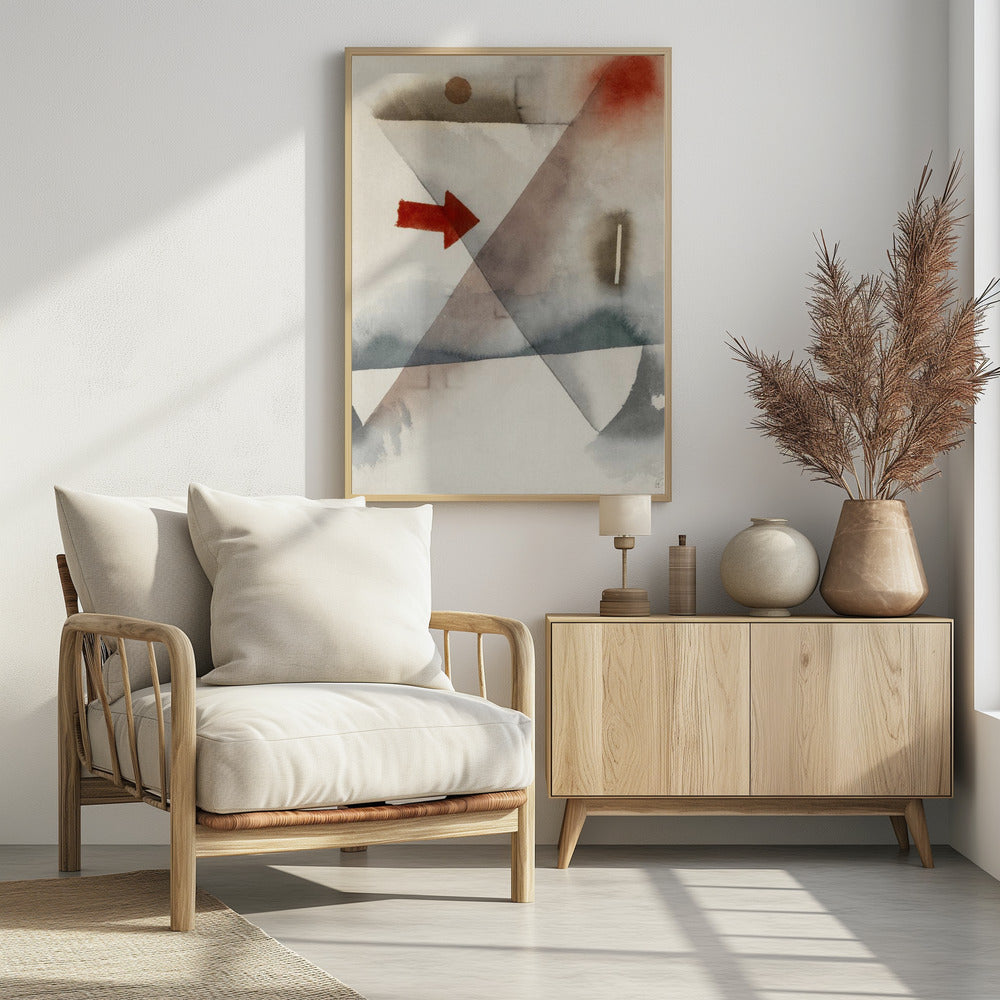 An abstract watercolor painting featuring large, overlapping triangles in muted shades of gray and brown. A vibrant, solid red arrow points to the right, creating a sharp contrast with the soft, washed background. Other subtle elements include a brown circle at the top and a splash of red in the upper right corner. Artwork