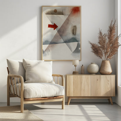 An abstract watercolor painting featuring large, overlapping triangles in muted shades of gray and brown. A vibrant, solid red arrow points to the right, creating a sharp contrast with the soft, washed background. Other subtle elements include a brown circle at the top and a splash of red in the upper right corner. Artwork