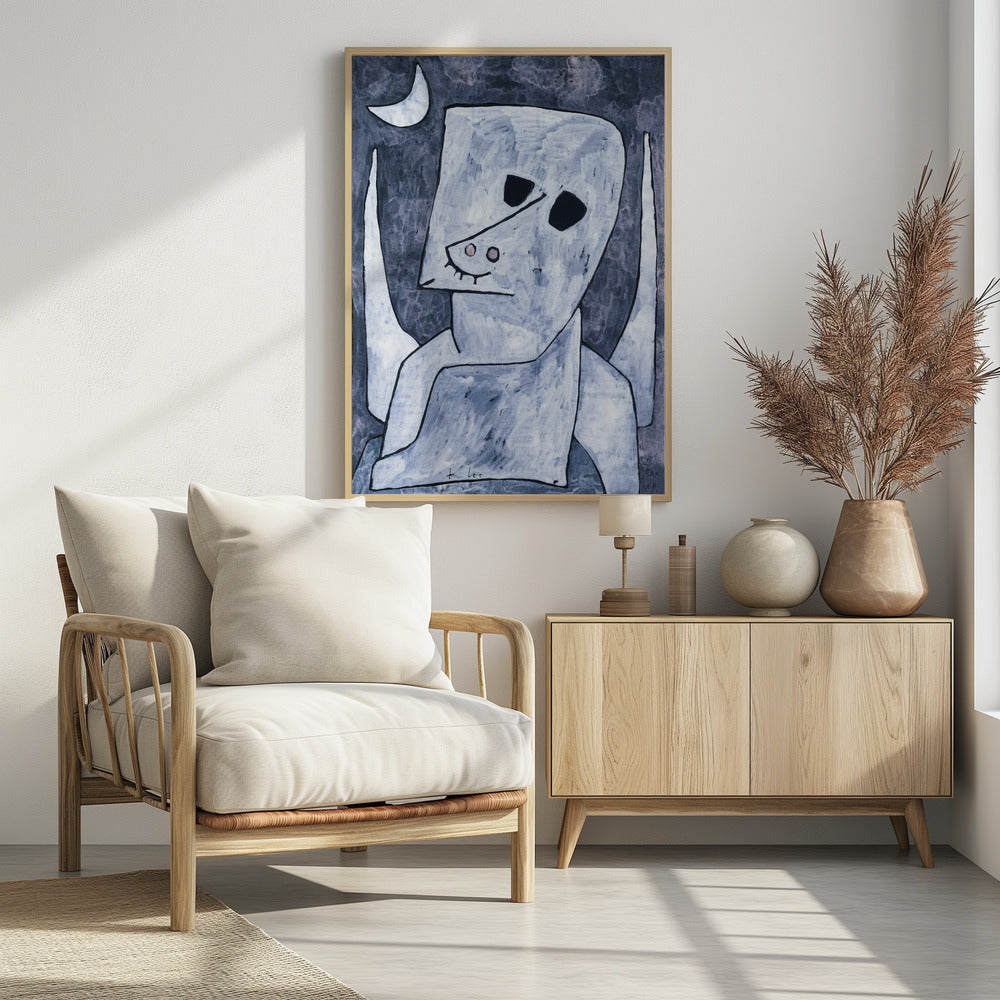 An abstract painting of a stylized, angel-like figure in shades of light blue and white with black outlines. The figure has a large, blocky head with empty black eyes, a triangular nose, and appears to have wings. The background is a dark, mottled blue-grey with a white crescent moon in the upper left corner. Decor