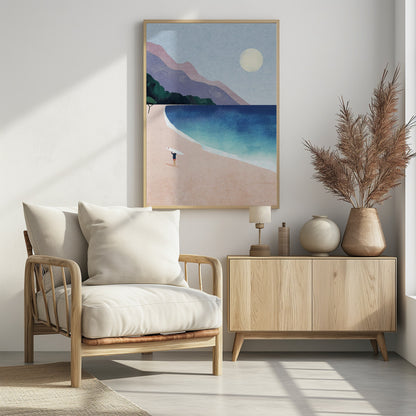 A minimalist illustration of a lone surfer standing on a vast pink sand beach, holding a surfboard above their head. The turquoise and blue ocean waves gently roll onto the shore, with layered purple and pink mountains in the background under a pale yellow sun and a light blue sky. Wall Art