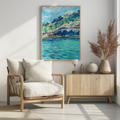 An impressionistic painting of a coastal landscape with thick, textured brushstrokes. The artwork depicts a vibrant turquoise sea in the foreground and a green and brown hillside under a light blue sky, all framed in black. Print