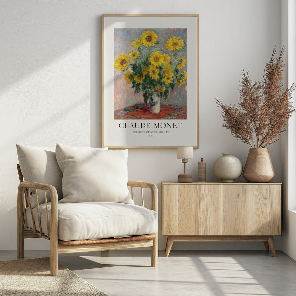 A framed art print of Claude Monet's impressionist painting 'Bouquet of Sunflowers' from 1881. The painting depicts a vibrant bouquet of yellow sunflowers in a white and blue vase, set against a muted background. Below the artwork, text reads 'CLAUDE MONET', 'BOUQUET OF SUNFLOWERS', and '1881'. Poster