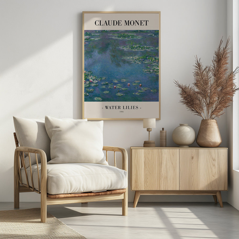 A framed museum-style poster of Claude Monet's impressionist painting 'Water Lilies' from 1906. The artwork features a serene pond scene with green lily pads and hints of pink flowers on a deep blue water surface. The poster has a cream border with 'CLAUDE MONET' printed at the top and '- WATER LILIES - 1906' at the bottom. Print