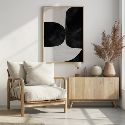 A minimalist abstract painting featuring two large, textured black forms with rounded corners against a light beige background. The forms are placed close together, creating a narrow, curvilinear channel of negative space between them. Print
