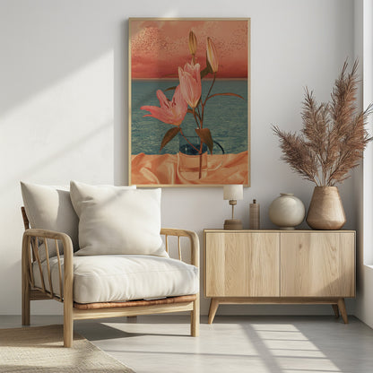 A surrealist artwork depicting pink lilies in a clear glass pitcher set against a backdrop of a calm blue ocean and a dusky pink sunset sky filled with a flock of birds. Artwork