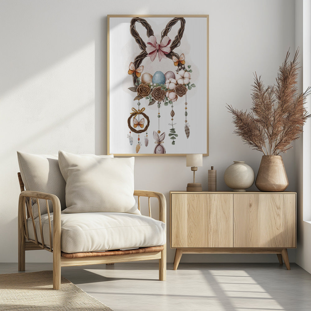A watercolor illustration of a bohemian-style Easter decoration featuring a wreath made of woven twigs shaped like bunny ears, adorned with a pink bow. The base of the wreath holds colorful Easter eggs, brown roses, and cotton bolls, with butterflies perched on it. Dreamcatcher-like strands with beads, feathers, and a small bunny figure hang below. Wall Art