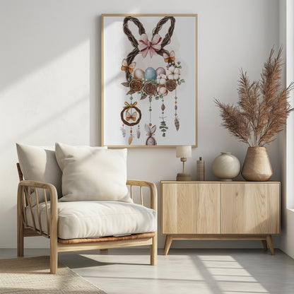 A watercolor illustration of a bohemian-style Easter decoration featuring a wreath made of woven twigs shaped like bunny ears, adorned with a pink bow. The base of the wreath holds colorful Easter eggs, brown roses, and cotton bolls, with butterflies perched on it. Dreamcatcher-like strands with beads, feathers, and a small bunny figure hang below. Wall Art