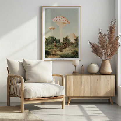A vintage-style collage depicting a surreal landscape where a small person stands in a green, bushy field dwarfed by three enormous mushrooms, one of which is a red and white spotted toadstool. Wall Art