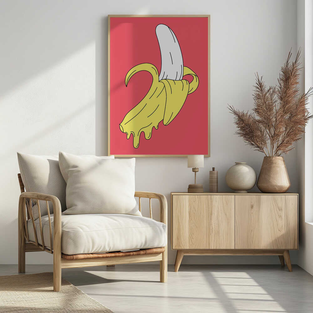 A pop art illustration of a melting, partially peeled banana against a solid pink background. The yellow peel drips down while the white fruit is exposed, all rendered in a bold, graphic style with black outlines. Decor