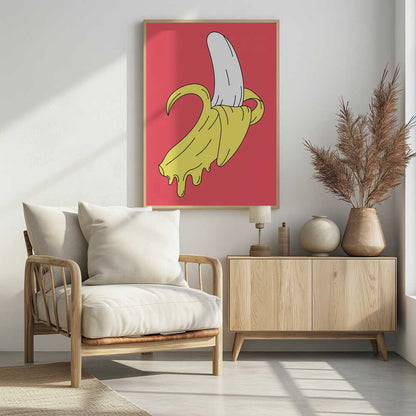 A pop art illustration of a melting, partially peeled banana against a solid pink background. The yellow peel drips down while the white fruit is exposed, all rendered in a bold, graphic style with black outlines. Decor