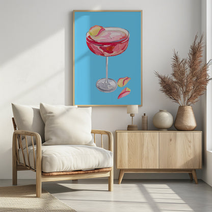 An impasto-style painting of a pink cocktail in a coupe glass against a vibrant blue background. The drink is garnished with a yellow and pink petal, and two more petals rest beside the silver base of the glass. The artwork is characterized by thick, visible brushstrokes. Artwork