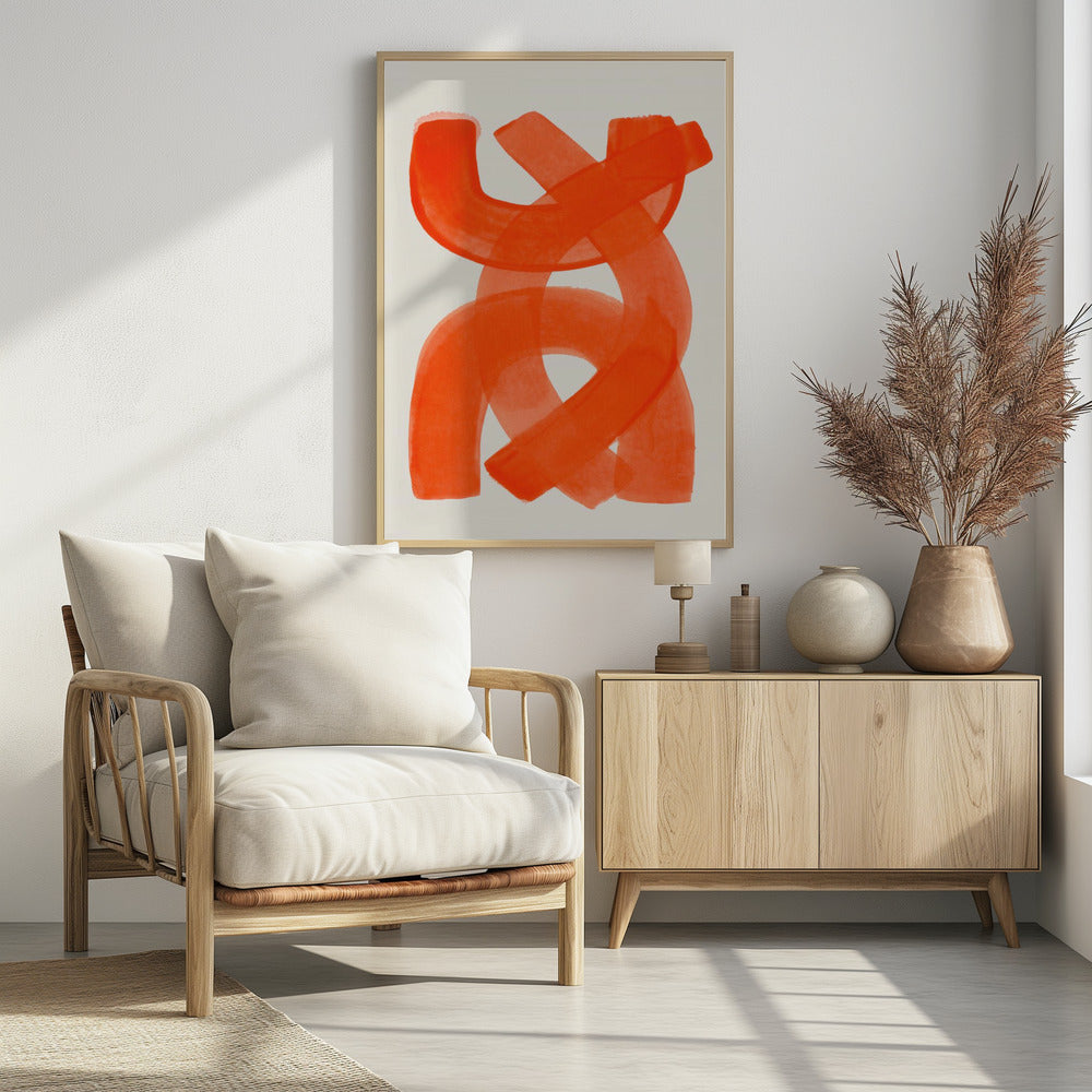 A modern abstract art piece in a thin black frame, featuring broad, vibrant orange brushstrokes that twist and overlap on a cream-colored background. Decor