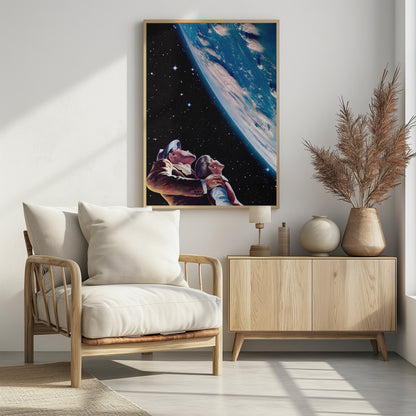 A vintage-style illustration of a father and son in space, looking up in wonder at a large, brightly lit planet Earth against a backdrop of stars. Wall Art