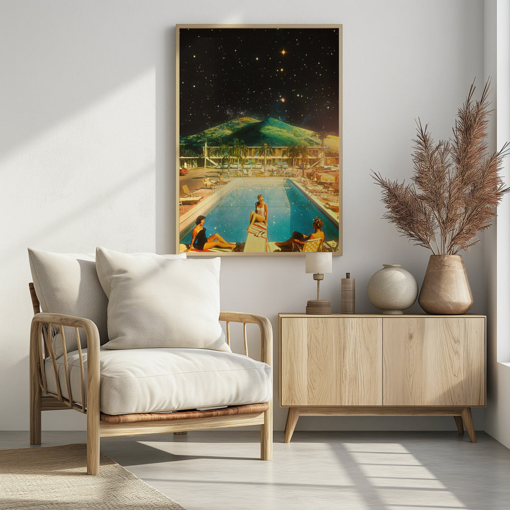 A surreal collage featuring a vintage scene of people lounging by a motel pool, juxtaposed against a backdrop of a massive green mountain and a dark, star-filled night sky. Wall Art
