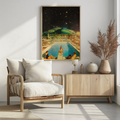 A surreal collage featuring a vintage scene of people lounging by a motel pool, juxtaposed against a backdrop of a massive green mountain and a dark, star-filled night sky. Wall Art