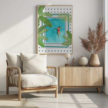 An aerial view illustration of a woman in a red swimsuit floating peacefully on her back in a bright turquoise swimming pool. The pool is surrounded by large green tropical leaves and a white tiled patio, all within a black frame. Wall Art