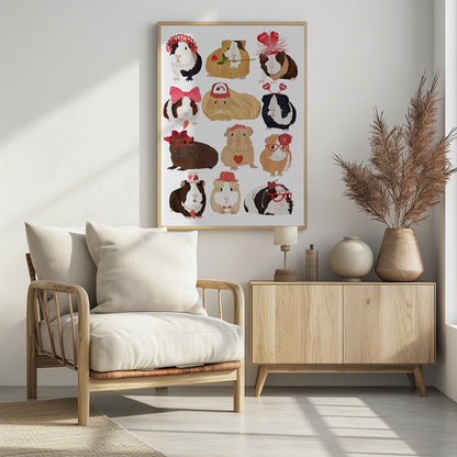 An illustration of twelve cute guinea pigs dressed up for Valentine's Day with accessories like heart-shaped glasses, bows, hats, and roses, arranged on a plain white background. Decor