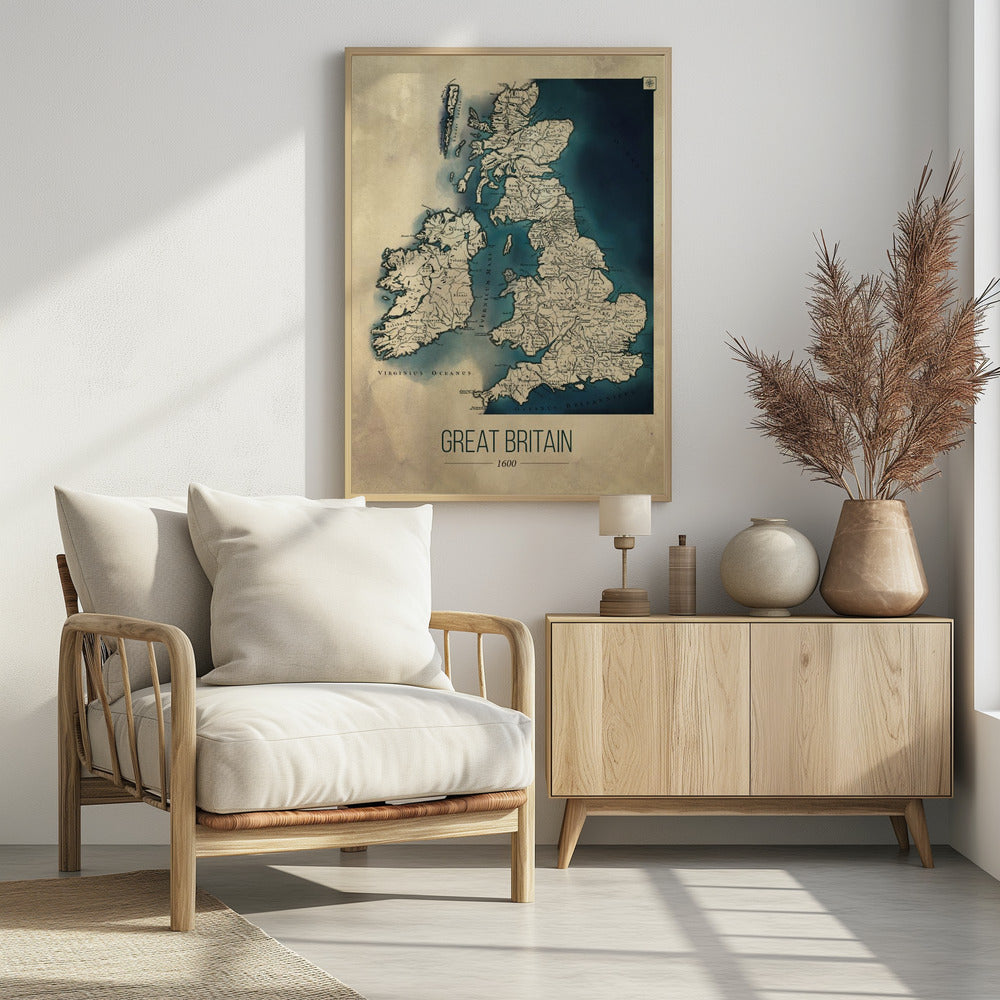 A framed vintage-style poster displaying a historical map of Great Britain and Ireland from the year 1600. The map features beige-colored land with detailed topography against deep blue water, with Latin place names. Below the map, the title 'GREAT BRITAIN 1600' is printed in a modern sans-serif font. Wall Art
