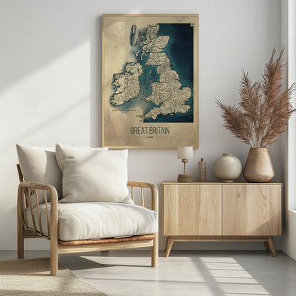 A framed vintage-style poster displaying a historical map of Great Britain and Ireland from the year 1600. The map features beige-colored land with detailed topography against deep blue water, with Latin place names. Below the map, the title 'GREAT BRITAIN 1600' is printed in a modern sans-serif font. Wall Art