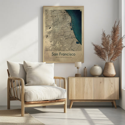 A framed vintage map of San Francisco from 1900. The map is detailed on aged, beige paper, with the bay depicted in a deep teal blue. Below the map, text reads 'San Francisco' and 'California of United States of America in 1900'. Artwork