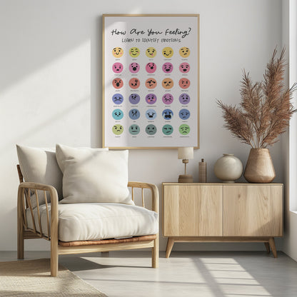A framed educational poster titled 'How Are You Feeling? Learn to Identify Emotions'. It features 30 colorful circular emojis, each with a unique facial expression corresponding to a specific emotion labeled underneath, such as Happy, Sad, Angry, and Anxious, organized in a grid. Decor