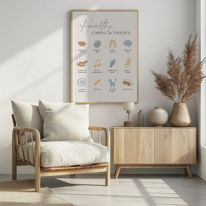A minimalist poster titled 'Healthy Coping Activities' in a black frame. The poster lists 12 activities with simple, muted-color icons above each description. Activities include 'talking to a friend,' 'going for a walk,' 'practice self compassion,' 'listen to calming music,' 'practice mindfulness,' 'petting an animal,' and 'plenty of rest.' Decor
