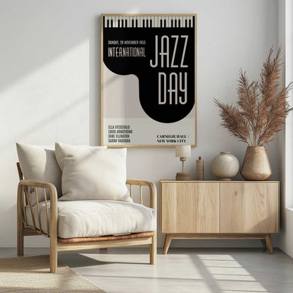 A vintage-style black and cream poster for 'International Jazz Day' dated Sunday, 29 November 1953. The poster features a strip of piano keys at the top and lists performers Ella Fitzgerald, Louis Armstrong, Duke Ellington, and Sarah Vaughan. The event location is Carnegie Hall, New York City. Poster