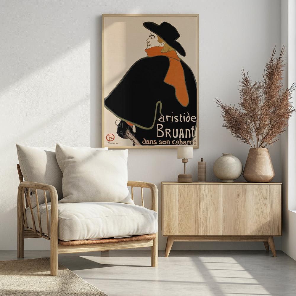 A vintage art poster by Henri de Toulouse-Lautrec for Aristide Bruant's cabaret. It features a graphic illustration of a man in a large black cape, a wide-brimmed black hat, and a bright orange scarf, set against a plain, off-white background. Artwork