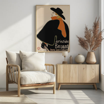 A vintage art poster by Henri de Toulouse-Lautrec for Aristide Bruant's cabaret. It features a graphic illustration of a man in a large black cape, a wide-brimmed black hat, and a bright orange scarf, set against a plain, off-white background. Artwork
