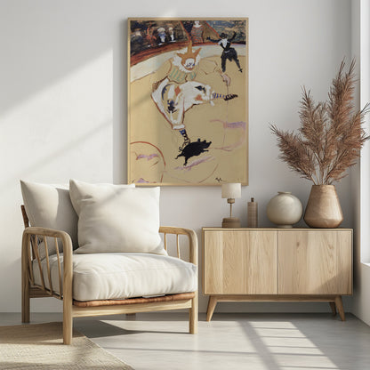 A vintage painting by Henri de Toulouse-Lautrec titled 'The Clown Chau-u-kao with a Pig'. The artwork shows a clown in a white costume with a pointed hat and ruffled collar in a circus ring, performing with a small black pig. In the background, another performer and an audience can be seen. Poster