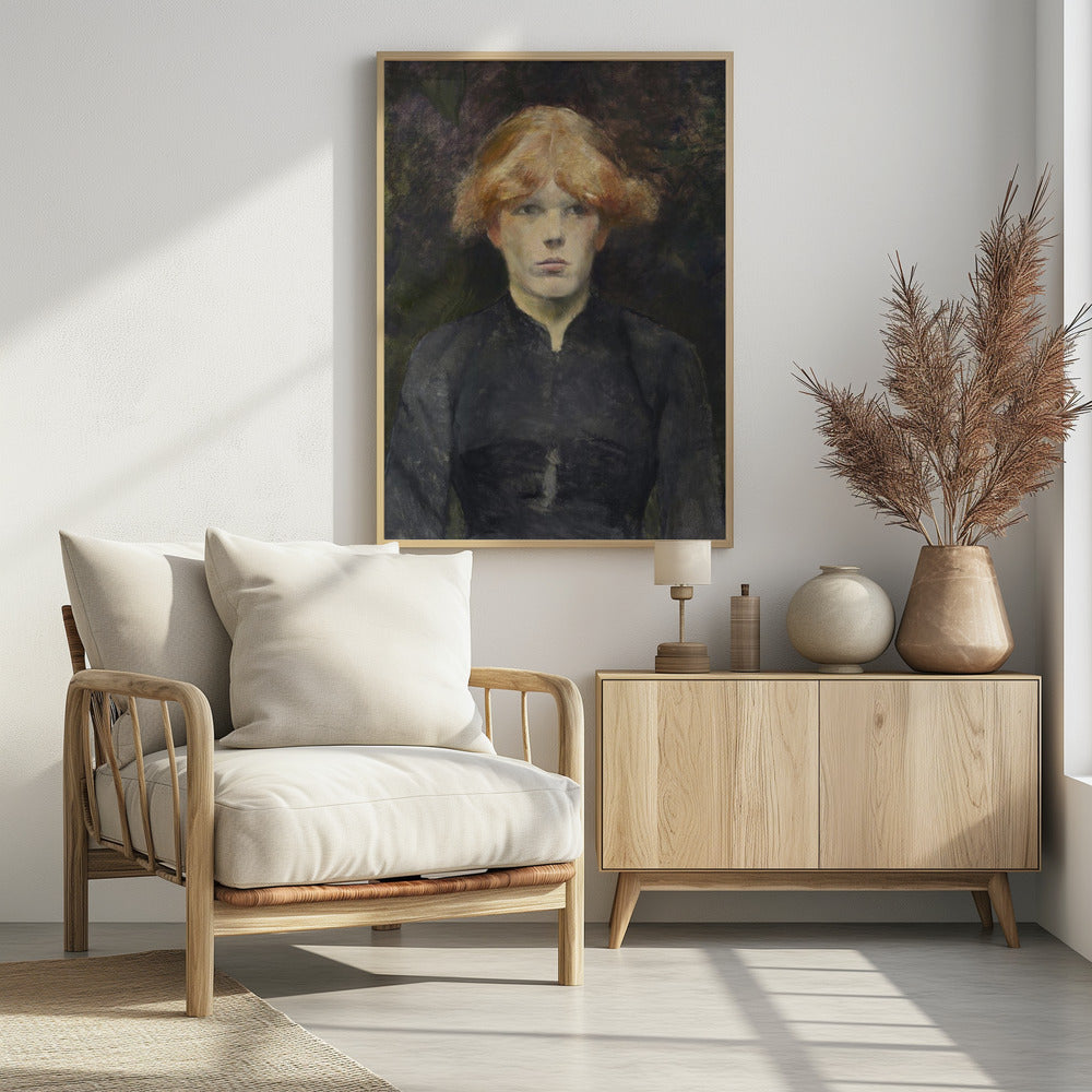 A painterly portrait of a young person with fair skin and striking reddish-blonde hair, looking directly at the viewer with a neutral expression. They are dressed in a simple, dark, high-collared garment against a dark, moody, and abstract background. Poster
