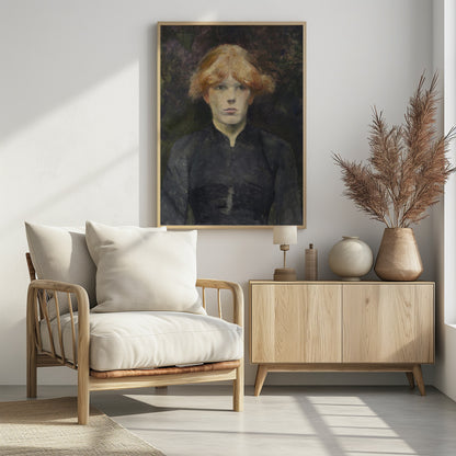 A painterly portrait of a young person with fair skin and striking reddish-blonde hair, looking directly at the viewer with a neutral expression. They are dressed in a simple, dark, high-collared garment against a dark, moody, and abstract background. Poster