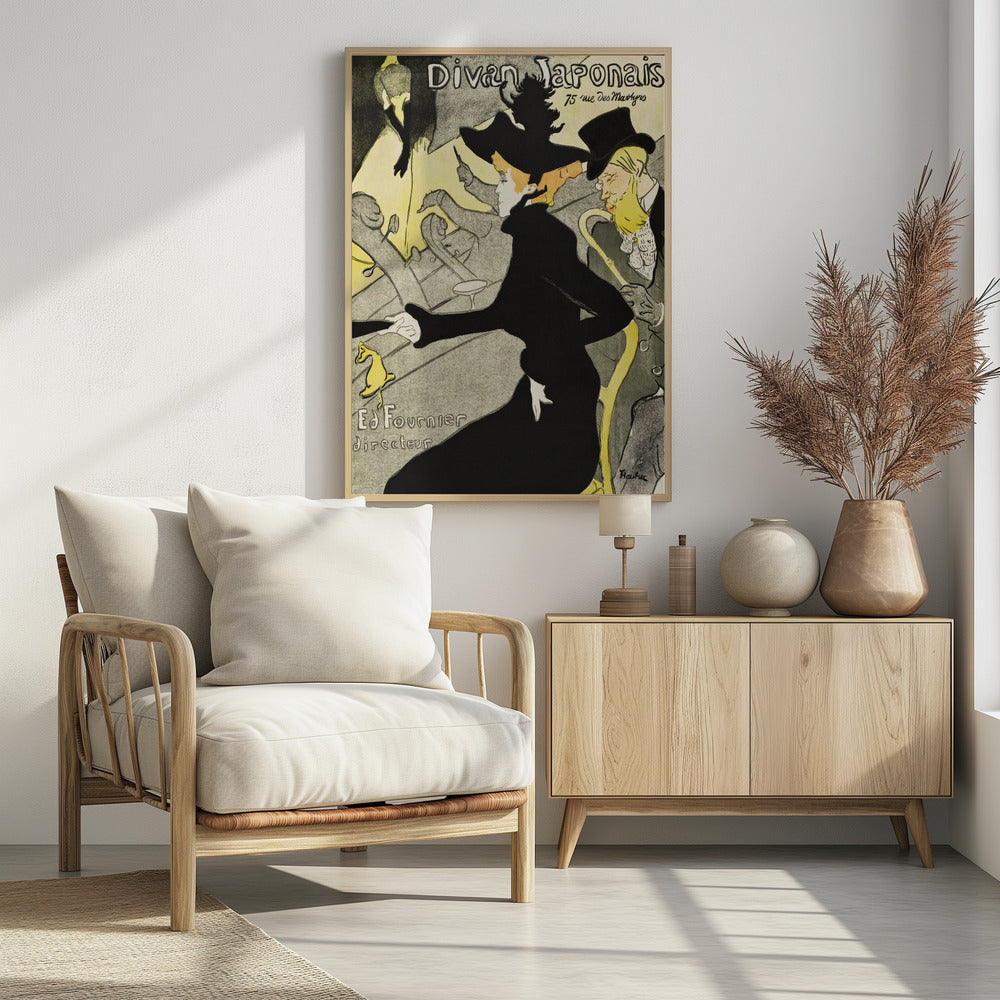Vintage Art Nouveau poster by Henri de Toulouse-Lautrec for 'Divan Japonais'. It depicts elegant spectators, including Jane Avril in a striking black dress and hat, watching a performance by Yvette Guilbert on stage. The style features bold black outlines and a limited palette of yellow, black, and gray. Artwork