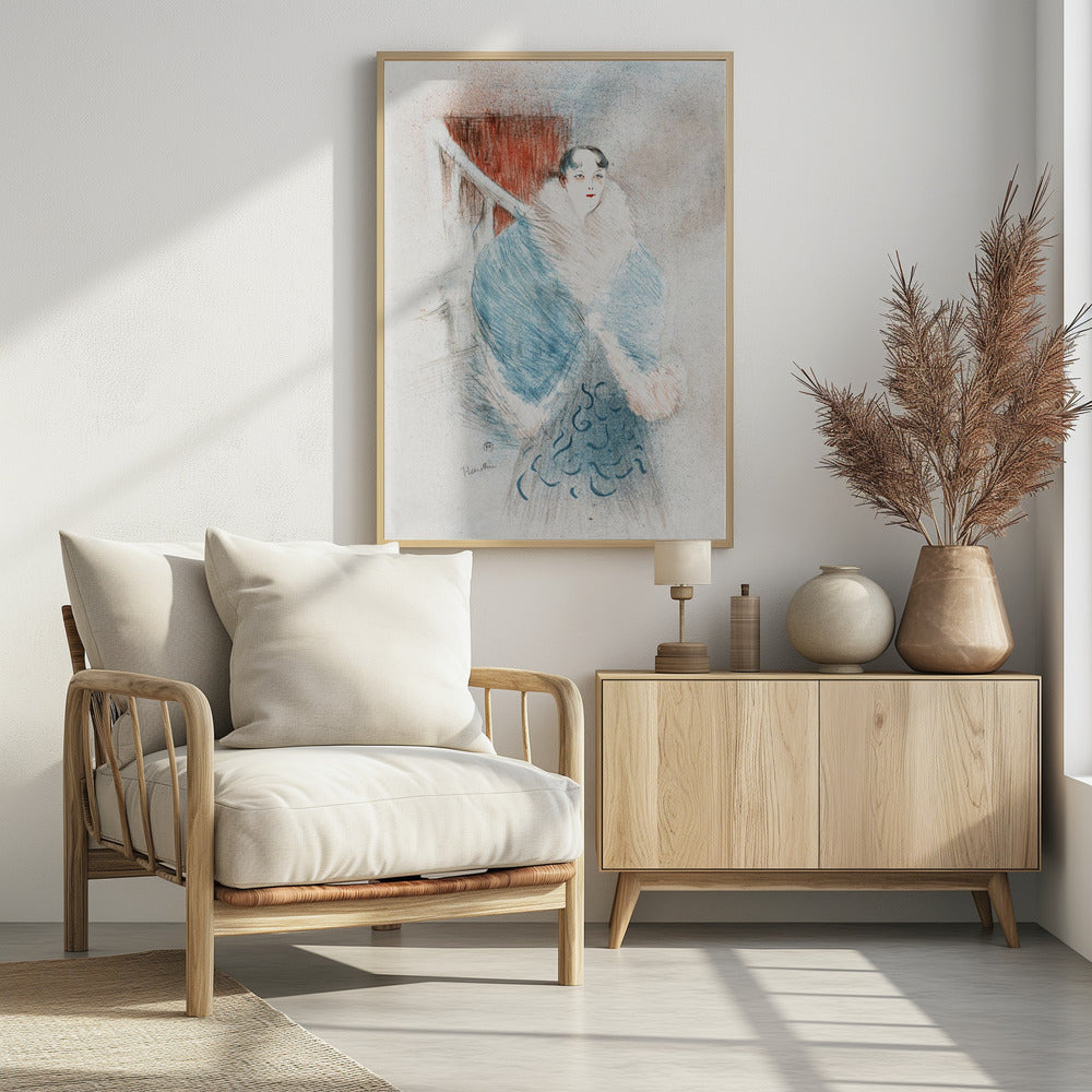 A vintage sketch-style artwork of a woman with dark hair and red lipstick, wearing an elegant, oversized blue coat with a large white fur collar. The background is muted with a prominent red rectangular shape. Artwork