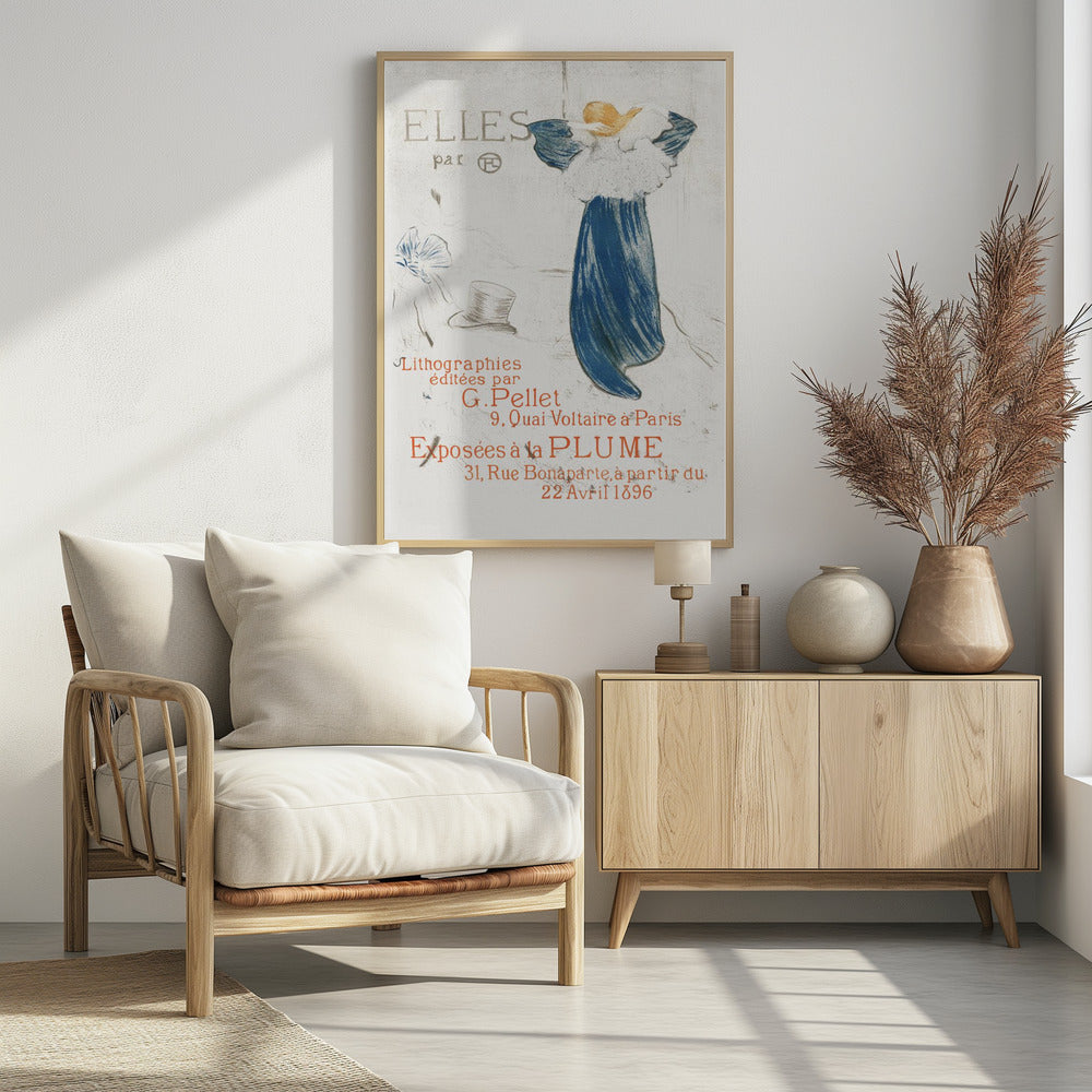 A vintage French poster from 1896 by Toulouse-Lautrec for the 'Elles' lithograph exhibition. It features a woman in a blue dress, seen from the back, against a light background with French text in red and grey. Wall Art