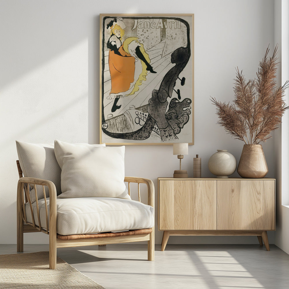 A vintage Art Nouveau poster by Henri de Toulouse-Lautrec for the dancer Jane Avril. It depicts her on a stage in a vibrant orange dress and yellow petticoat, kicking her leg high. The perspective is from the orchestra pit, with the neck of a double bass dominating the foreground. Artwork