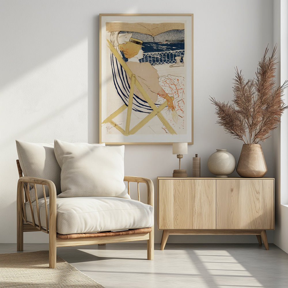 A vintage Art Nouveau print by Henri de Toulouse-Lautrec, 'The Passenger in Cabin 54', depicting a woman in a hat and beige dress, relaxing in a striped deck chair on a ship and gazing out at the deep blue ocean. Artwork