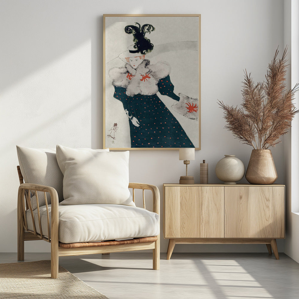 An Art Nouveau illustration of a woman in elegant finery. She wears a dark teal, red polka-dotted dress with a fluffy white fur stole and muff, both accented with red floral-like designs. Her white hat is adorned with a large, elaborate black plume. The background is a simple, light gray, emphasizing her fashionable silhouette. Artwork