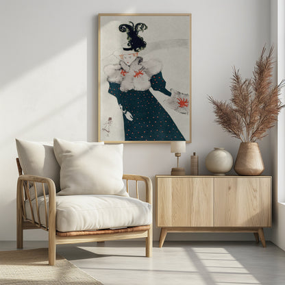 An Art Nouveau illustration of a woman in elegant finery. She wears a dark teal, red polka-dotted dress with a fluffy white fur stole and muff, both accented with red floral-like designs. Her white hat is adorned with a large, elaborate black plume. The background is a simple, light gray, emphasizing her fashionable silhouette. Artwork