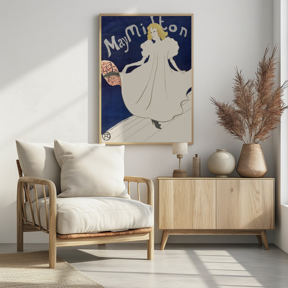 An Art Nouveau poster by Henri de Toulouse-Lautrec for the dancer May Milton. A blonde woman in a voluminous white dress stands on a stage against a deep blue background, looking back at the viewer. She lifts her skirt to reveal a pink and black lining. The name 'May Milton' is written in a stylized silver font. Wall Art