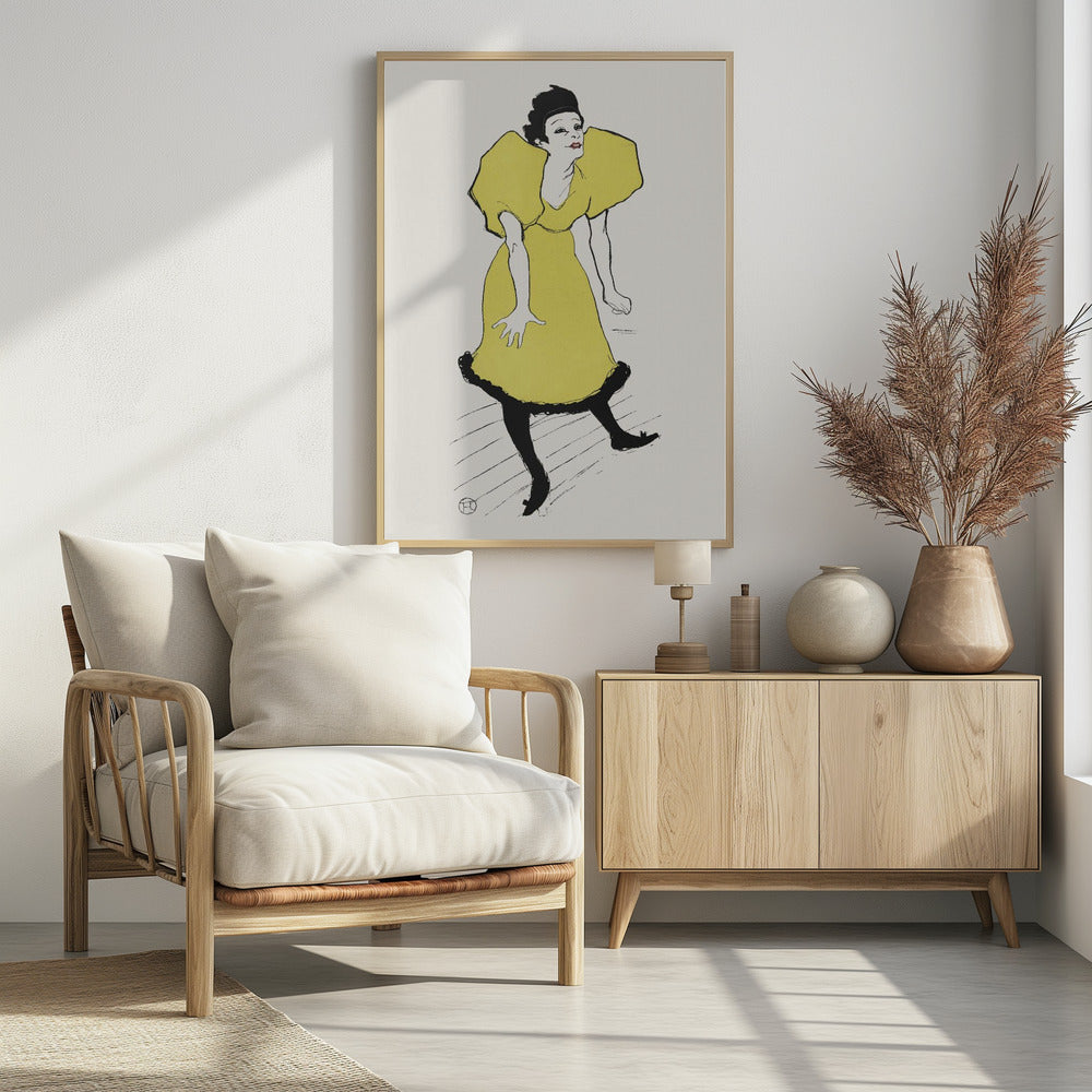 A vintage poster by Henri de Toulouse-Lautrec titled 'Yvette Guilbert', featuring a stylized illustration of the French singer. She is depicted wearing a bright yellow dress with voluminous puff sleeves and black stockings, leaning forward with a whimsical expression against a plain off-white background. The artwork is framed in black. Poster