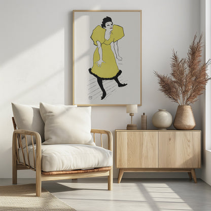 A vintage poster by Henri de Toulouse-Lautrec titled 'Yvette Guilbert', featuring a stylized illustration of the French singer. She is depicted wearing a bright yellow dress with voluminous puff sleeves and black stockings, leaning forward with a whimsical expression against a plain off-white background. The artwork is framed in black. Poster