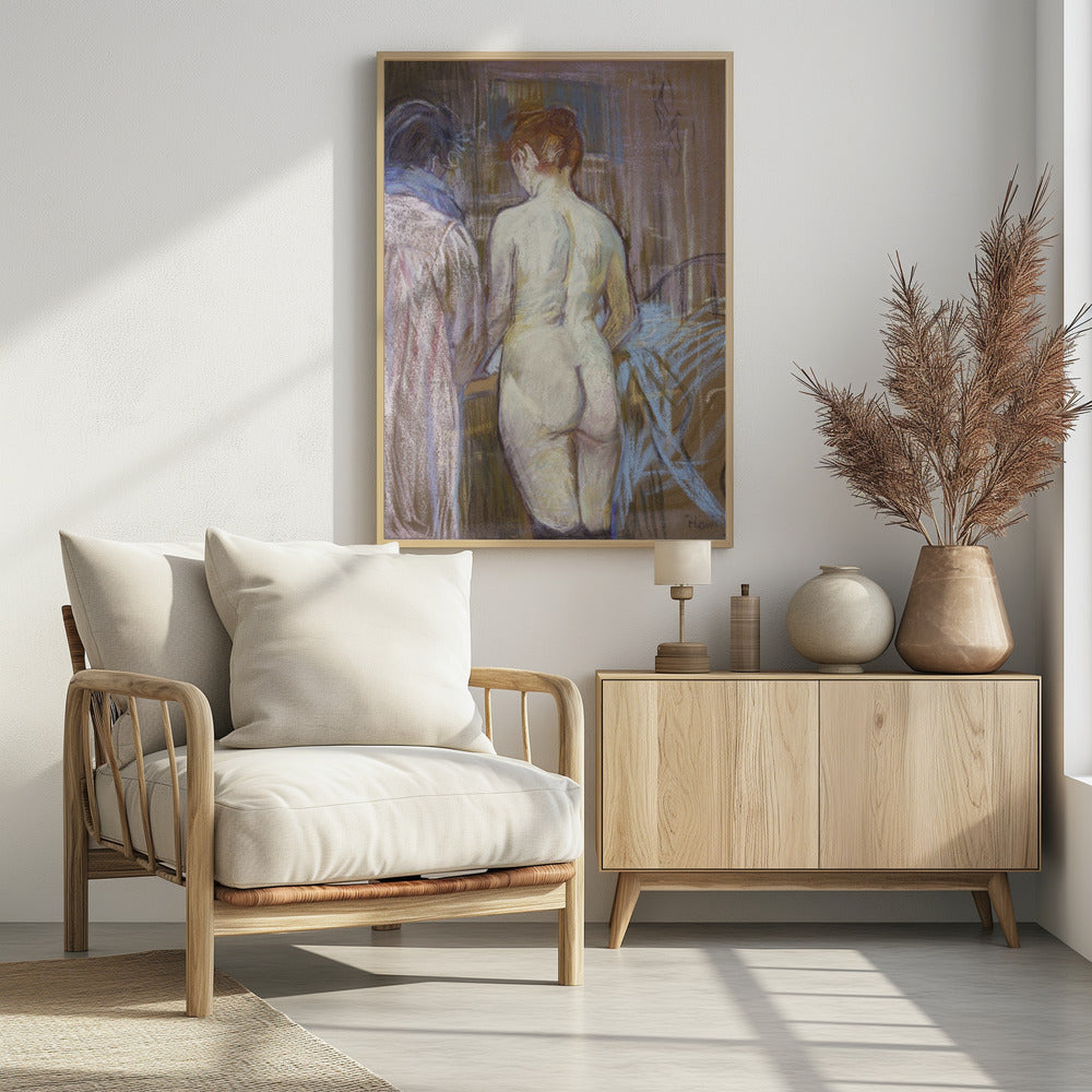 A pastel artwork by Henri de Toulouse-Lautrec, 'Rousse (La Toilette)', depicting a nude woman with red hair from the back. Beside her stands a clothed figure. The scene is rendered in soft, blended strokes of brown, beige, pink, and blue, creating an intimate, impressionistic atmosphere. Wall Art