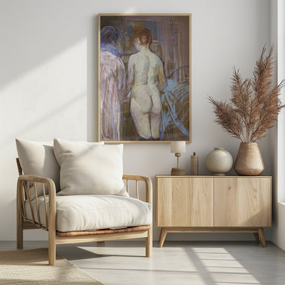 A pastel artwork by Henri de Toulouse-Lautrec, 'Rousse (La Toilette)', depicting a nude woman with red hair from the back. Beside her stands a clothed figure. The scene is rendered in soft, blended strokes of brown, beige, pink, and blue, creating an intimate, impressionistic atmosphere. Wall Art