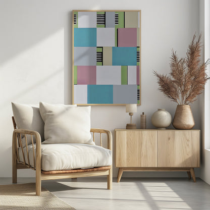 An abstract geometric artwork featuring a collage of rectangular blocks in pastel shades of blue, pink, grey, green, and white, with sections of black and white horizontal stripes, all enclosed in a thin black frame. Decor
