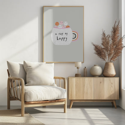 A cute art print of a white, textured mug on a light grey background. The mug is filled with smiling pink, white, and orange marshmallow-like characters. The phrase 'a cup of happy' is written on the front in a black handwritten font. The handle of the mug is decorated with rainbow stripes. Print